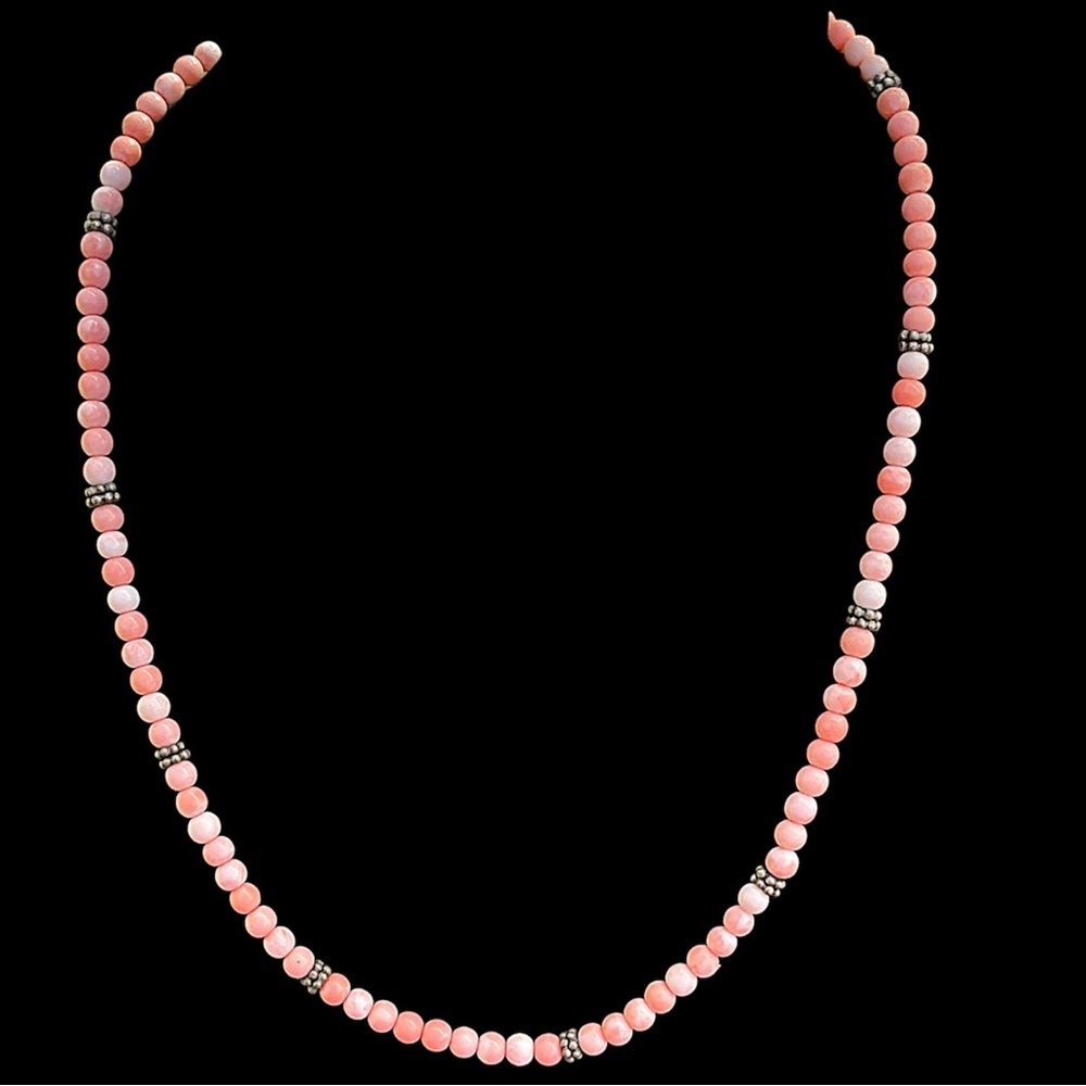 Vintage Pink Angel Skin Coral Sterling Silver Caviar Beaded Necklace 16”